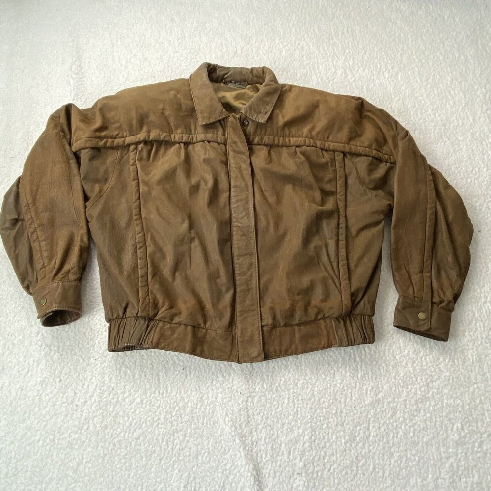 VTG‎ Fidelity Leather Bomber Jacket Womens 15/16 Fits Large Brown Distressed 80s